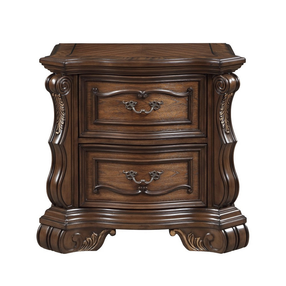 Gony Nightstand, 2 Drawers, Traditional Carving, Gold Accents, Dark Brown - BM355975