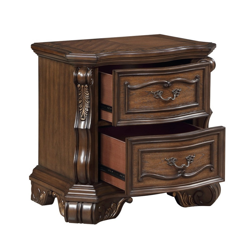Gony Nightstand, 2 Drawers, Traditional Carving, Gold Accents, Dark Brown - BM355975