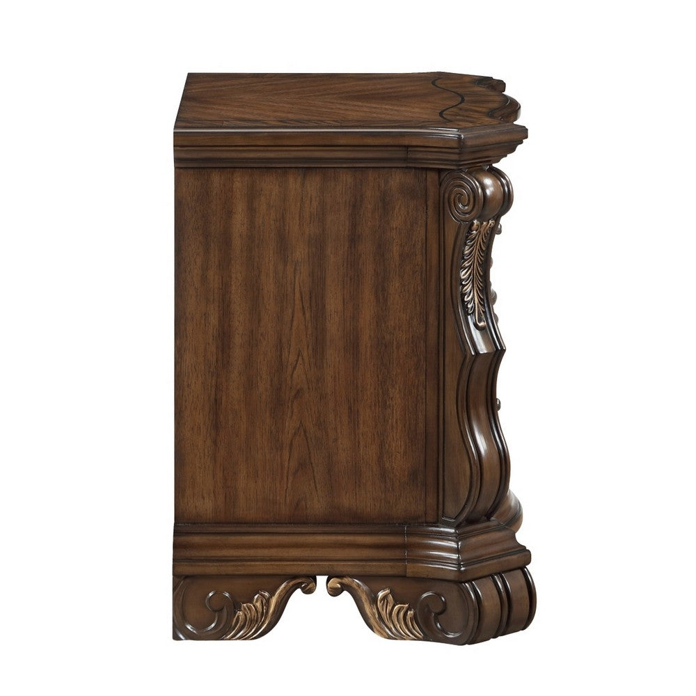 Gony Nightstand, 2 Drawers, Traditional Carving, Gold Accents, Dark Brown - BM355975