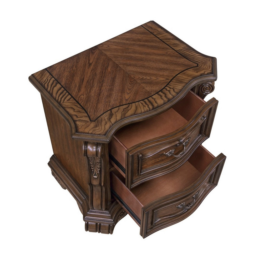 Gony Nightstand, 2 Drawers, Traditional Carving, Gold Accents, Dark Brown - BM355975