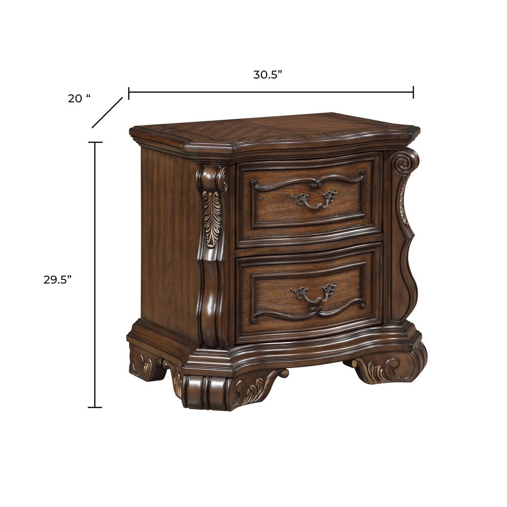 Gony Nightstand, 2 Drawers, Traditional Carving, Gold Accents, Dark Brown - BM355975