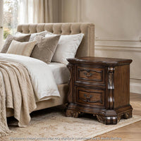 Gony Nightstand, 2 Drawers, Traditional Carving, Gold Accents, Dark Brown - BM355975