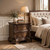 Gony Nightstand, 2 Drawers, Traditional Carving, Gold Accents, Dark Brown - BM355975