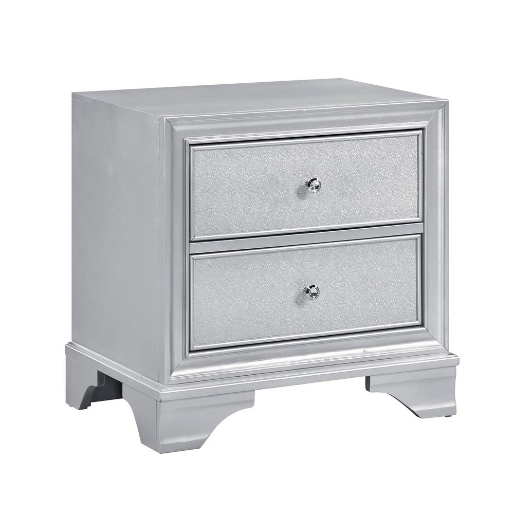 Aman Nightstand, 2 Drawers, Embossed Front, Acrylic Diamond Knobs, Silver - BM355977