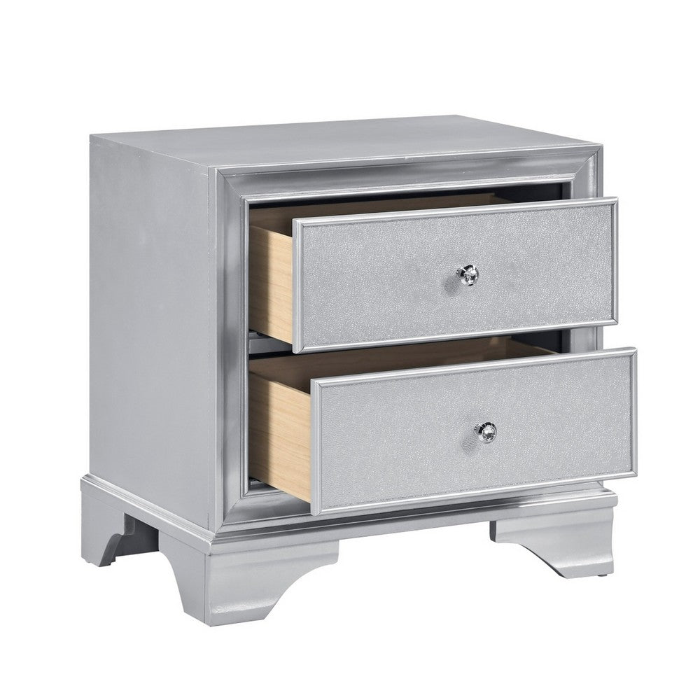 Aman Nightstand, 2 Drawers, Embossed Front, Acrylic Diamond Knobs, Silver - BM355977
