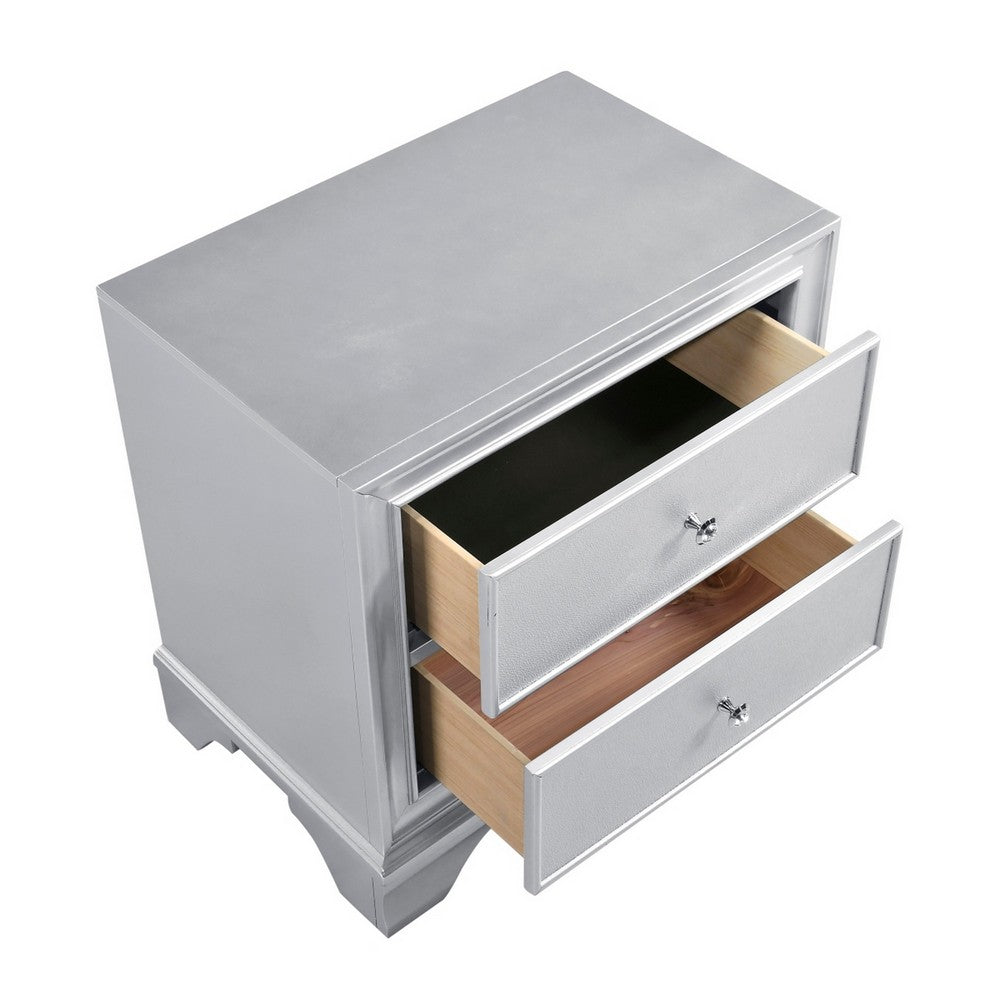 Aman Nightstand, 2 Drawers, Embossed Front, Acrylic Diamond Knobs, Silver - BM355977