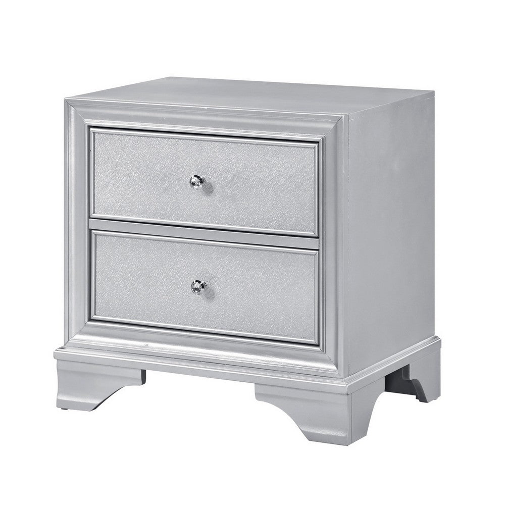 Aman Nightstand, 2 Drawers, Embossed Front, Acrylic Diamond Knobs, Silver - BM355977