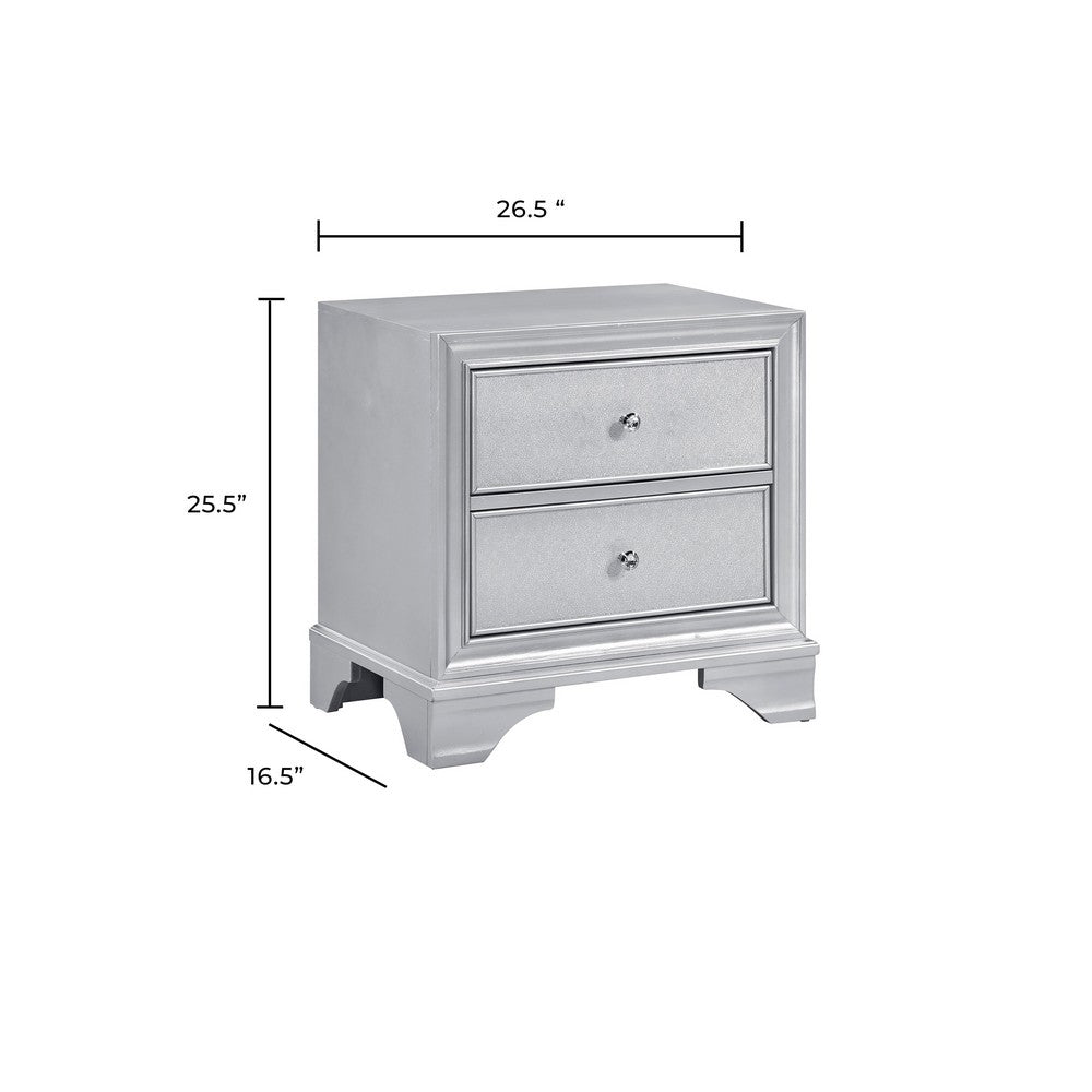 Aman Nightstand, 2 Drawers, Embossed Front, Acrylic Diamond Knobs, Silver - BM355977