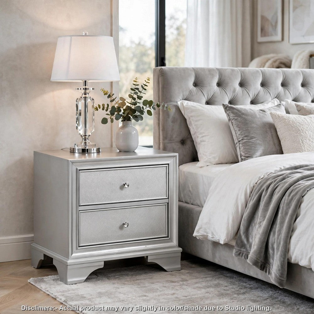 Aman Nightstand, 2 Drawers, Embossed Front, Acrylic Diamond Knobs, Silver - BM355977