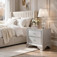 Aman Nightstand, 2 Drawers, Embossed Front, Acrylic Diamond Knobs, Silver - BM355977