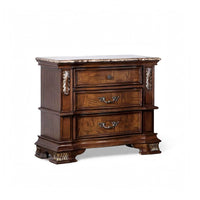 Prio Nightstand, Ornate Carvings, Marble Top, 3 Drawers, Cherry Brown-BM356295