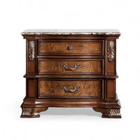 Prio Nightstand, Ornate Carvings, Marble Top, 3 Drawers, Cherry Brown-BM356295