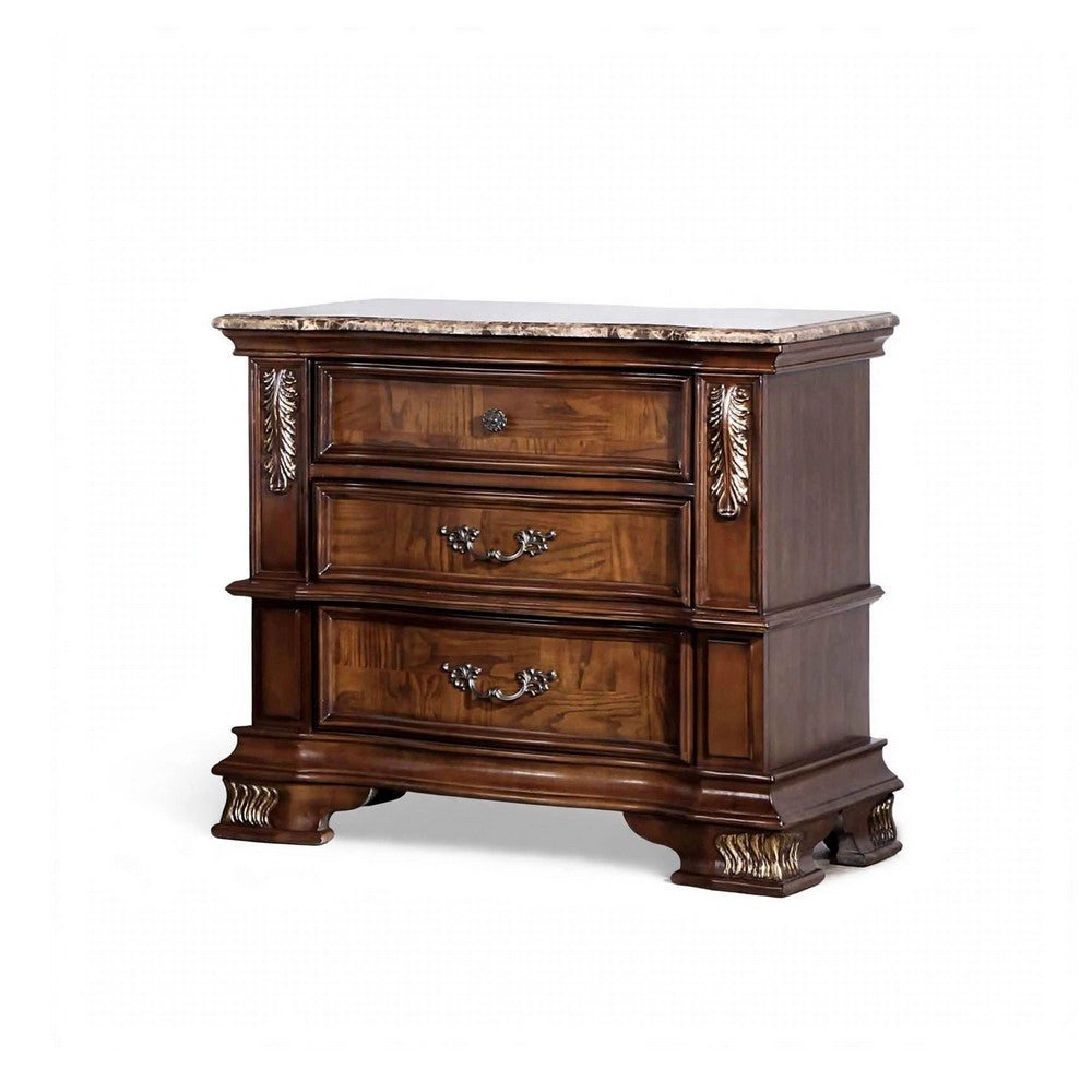 Prio Nightstand, Ornate Carvings, Marble Top, 3 Drawers, Cherry Brown-BM356295