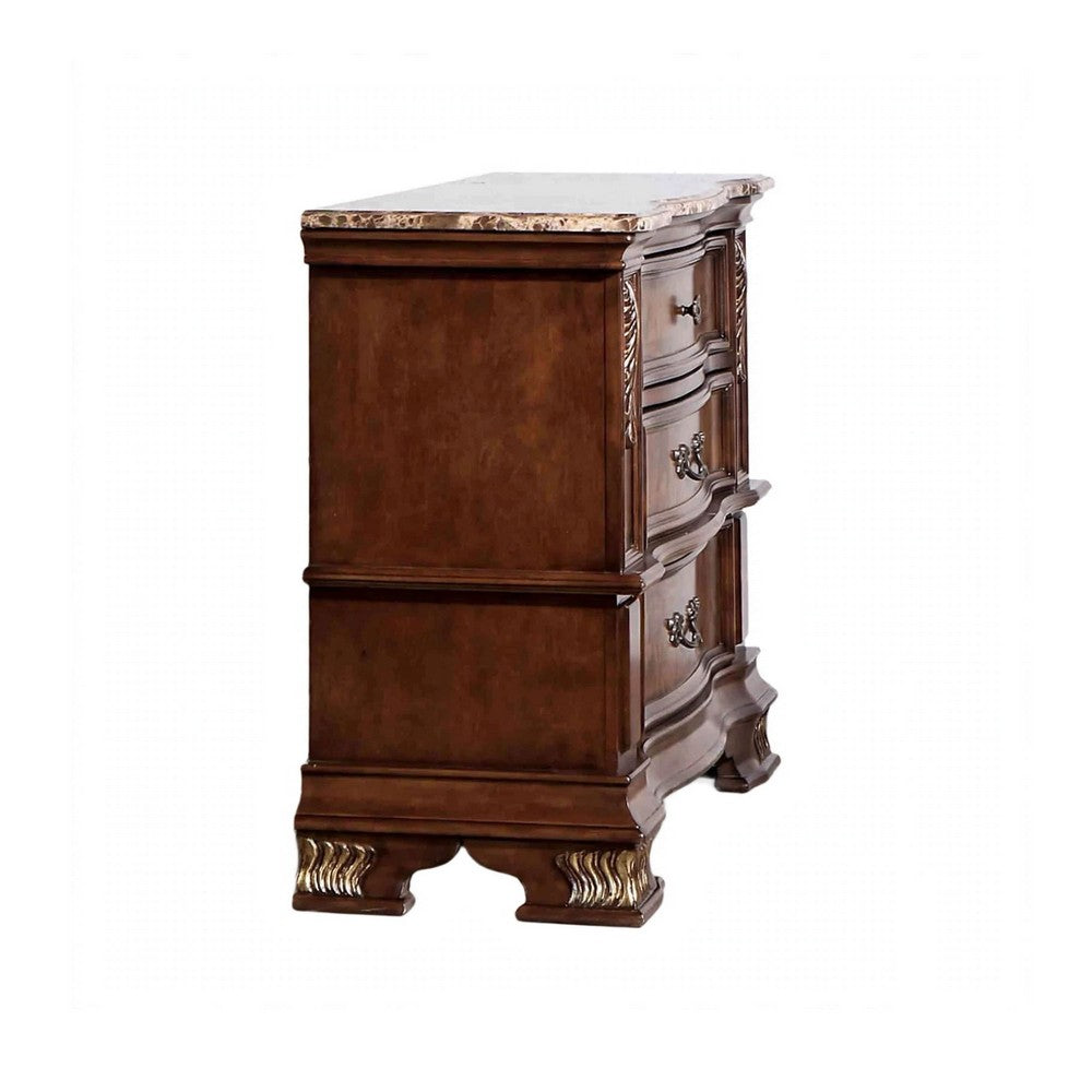 Prio Nightstand, Ornate Carvings, Marble Top, 3 Drawers, Cherry Brown-BM356295