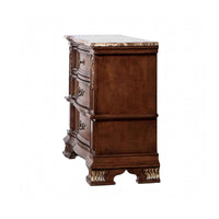 Prio Nightstand, Ornate Carvings, Marble Top, 3 Drawers, Cherry Brown-BM356295
