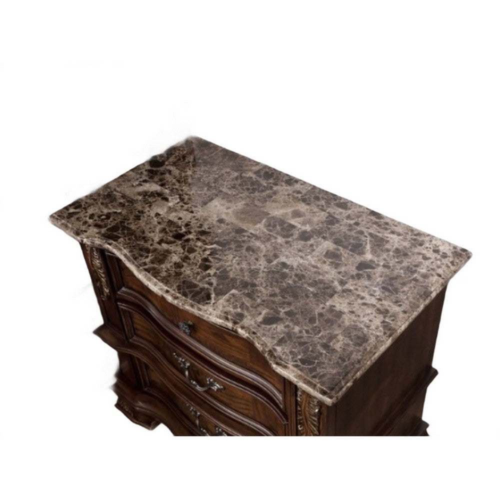 Prio Nightstand, Ornate Carvings, Marble Top, 3 Drawers, Cherry Brown-BM356295