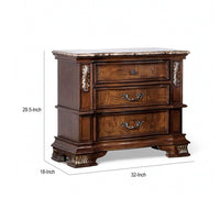 Prio Nightstand, Ornate Carvings, Marble Top, 3 Drawers, Cherry Brown-BM356295