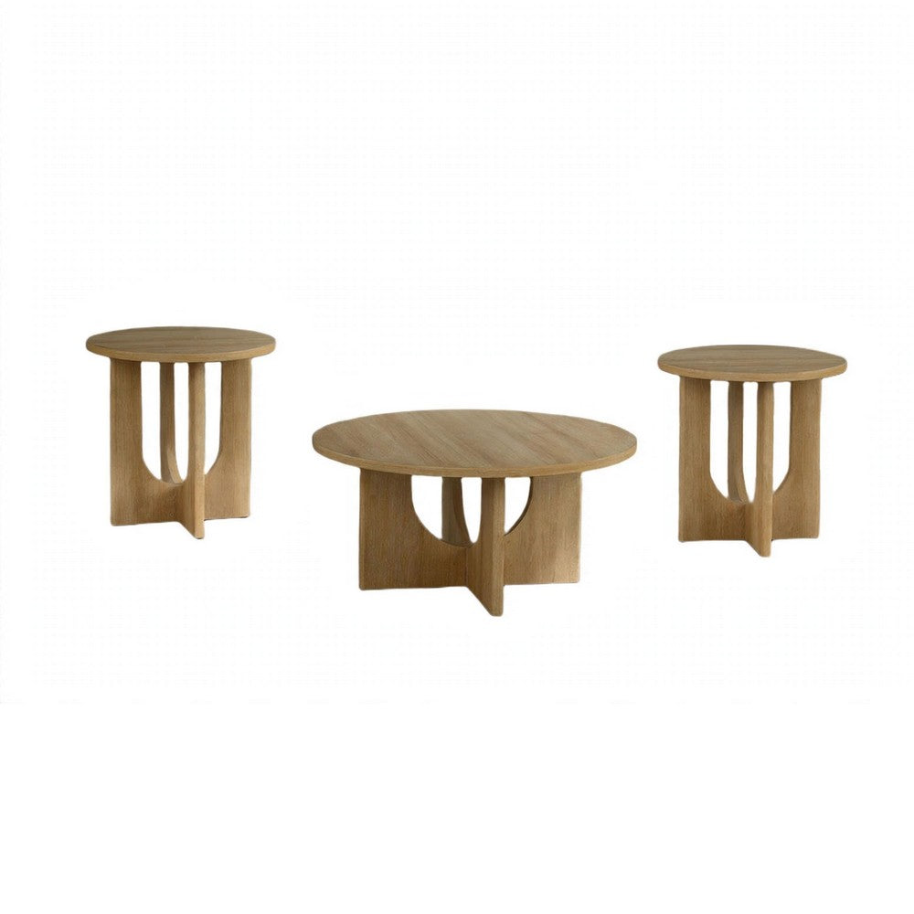 Moloy Coffee Table Set with 2 End Tables, Cross Arch Base, Brown Wood-BM356310