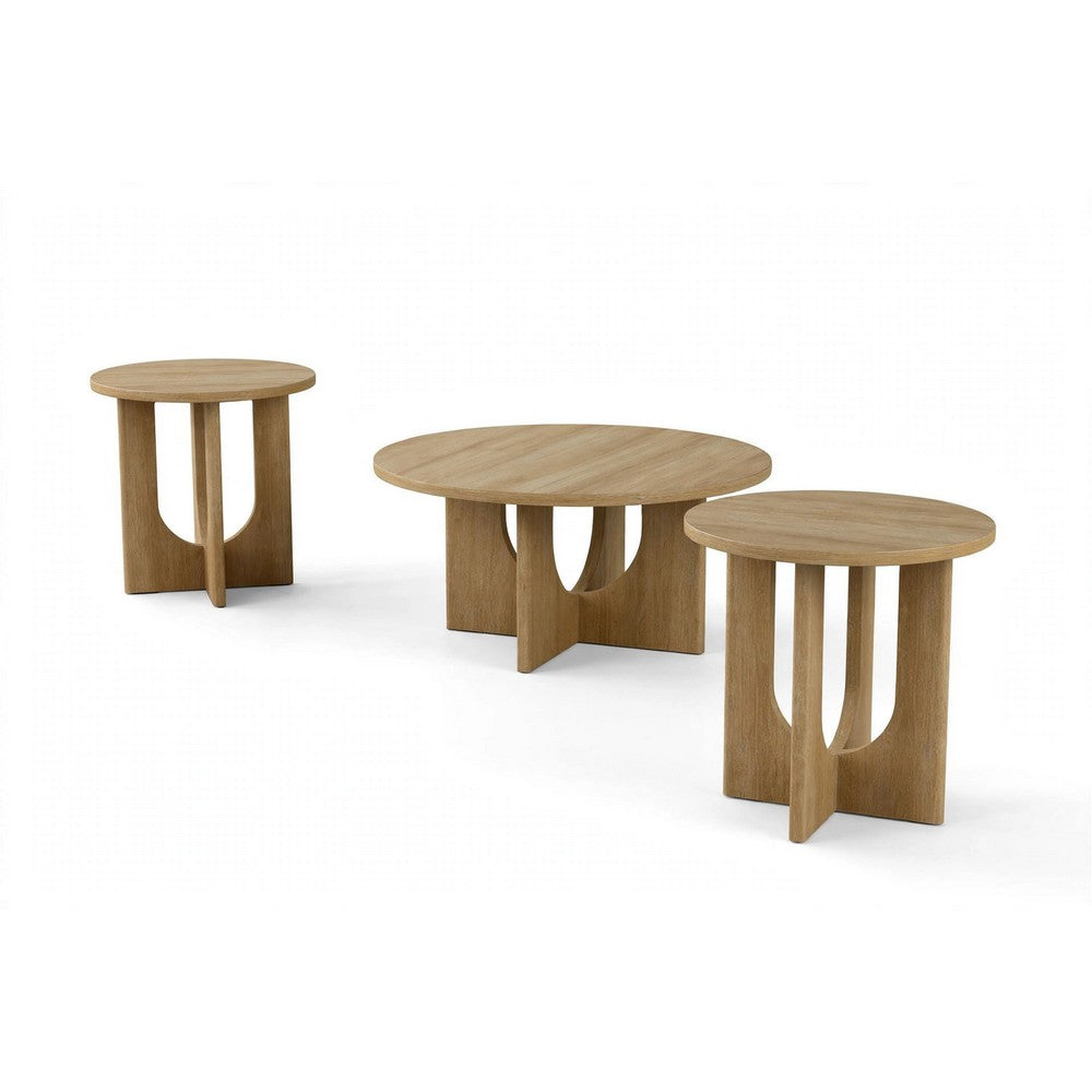 Moloy Coffee Table Set with 2 End Tables, Cross Arch Base, Brown Wood-BM356310