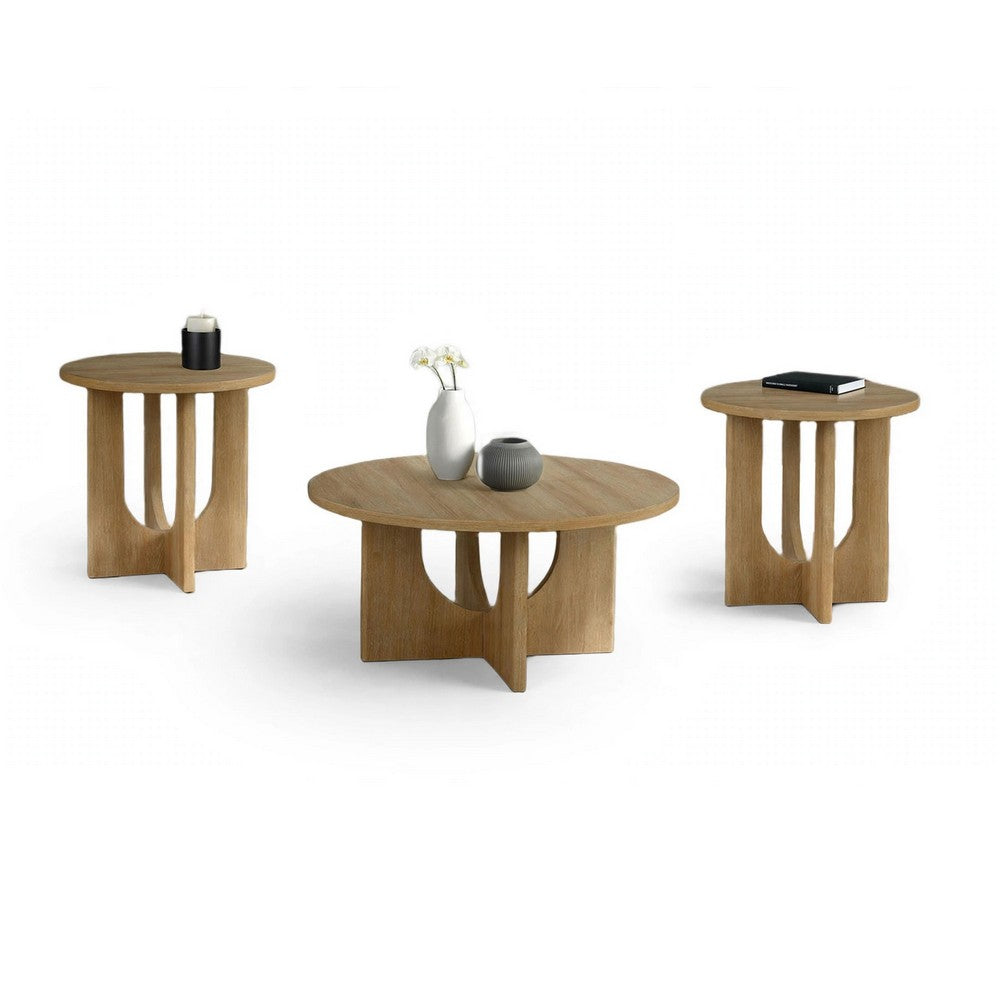 Moloy Coffee Table Set with 2 End Tables, Cross Arch Base, Brown Wood-BM356310