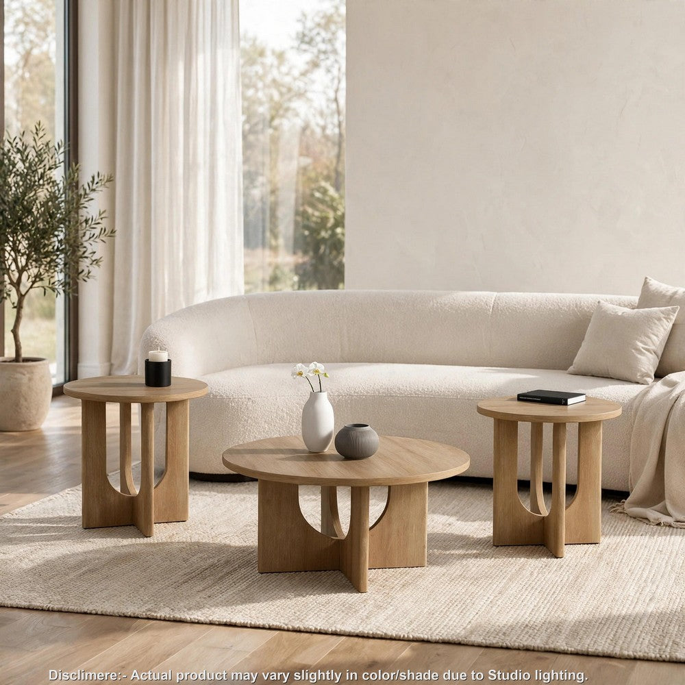 Moloy Coffee Table Set with 2 End Tables, Cross Arch Base, Brown Wood-BM356310