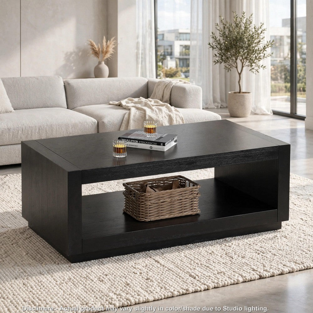 Dane Contemporary Coffee Table with Open Shelf, Black Oak Veneer, 48 Inch-BM356312