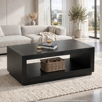 Dane Contemporary Coffee Table with Open Shelf, Black Oak Veneer, 48 Inch-BM356312