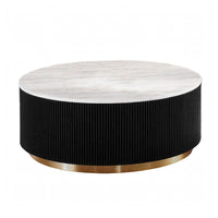 Viren Cocktail Table, Gold Accent, Marble Top, Black Reeded Base, 35 Inch-BM356316