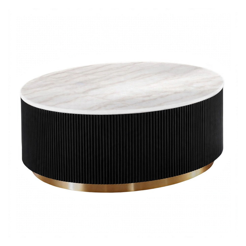 Viren Cocktail Table, Gold Accent, Marble Top, Black Reeded Base, 35 Inch-BM356316