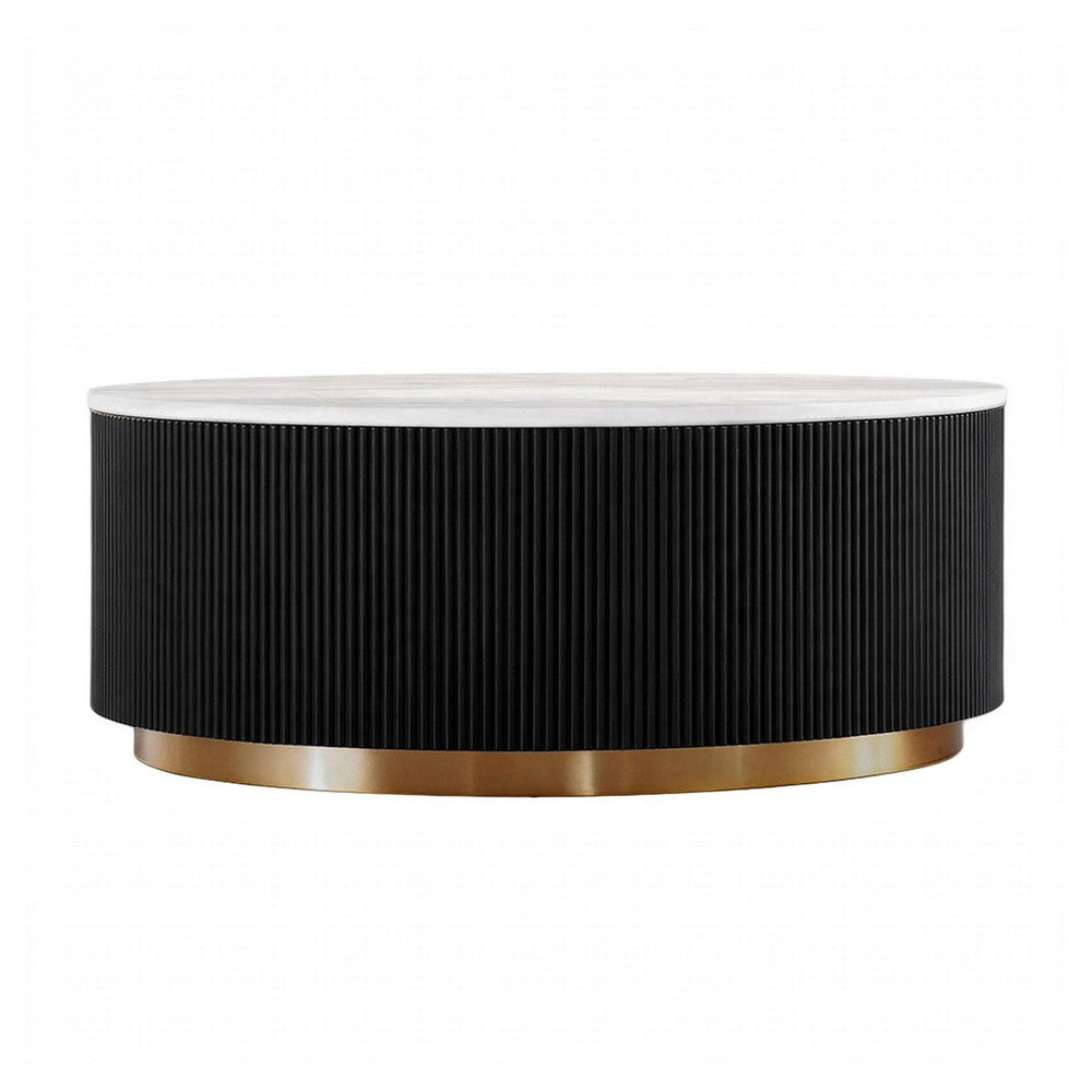 Viren Cocktail Table, Gold Accent, Marble Top, Black Reeded Base, 35 Inch-BM356316