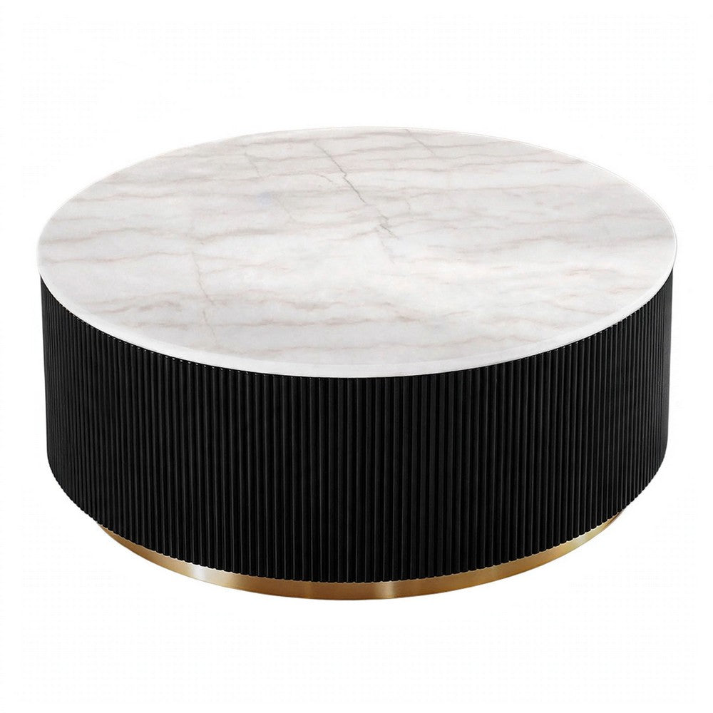 Viren Cocktail Table, Gold Accent, Marble Top, Black Reeded Base, 35 Inch-BM356316