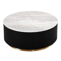 Viren Cocktail Table, Gold Accent, Marble Top, Black Reeded Base, 35 Inch-BM356316