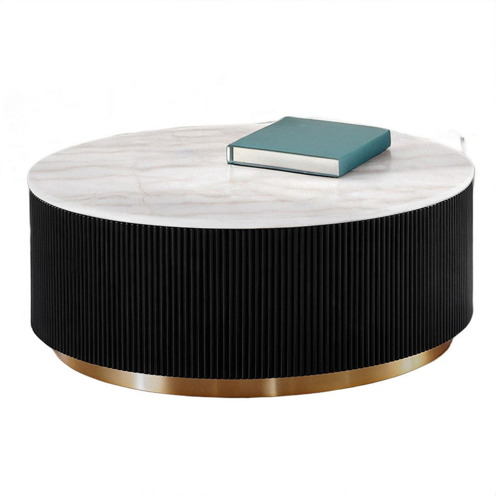 Viren Cocktail Table, Gold Accent, Marble Top, Black Reeded Base, 35 Inch-BM356316