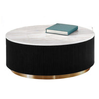 Viren Cocktail Table, Gold Accent, Marble Top, Black Reeded Base, 35 Inch-BM356316