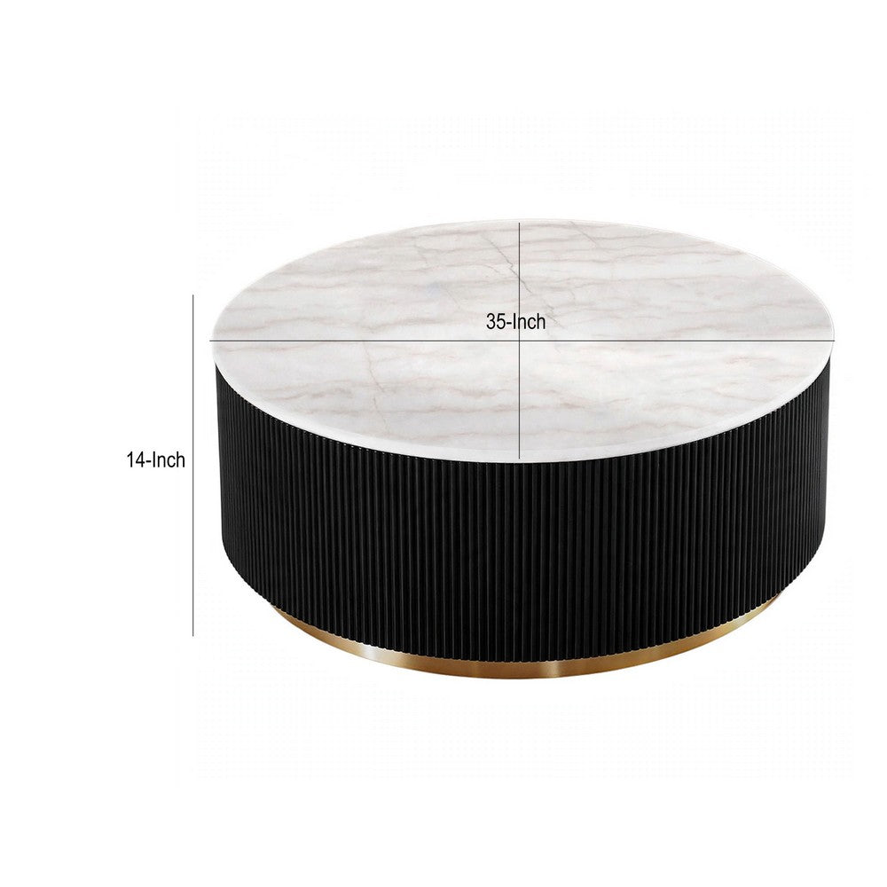 Viren Cocktail Table, Gold Accent, Marble Top, Black Reeded Base, 35 Inch-BM356316