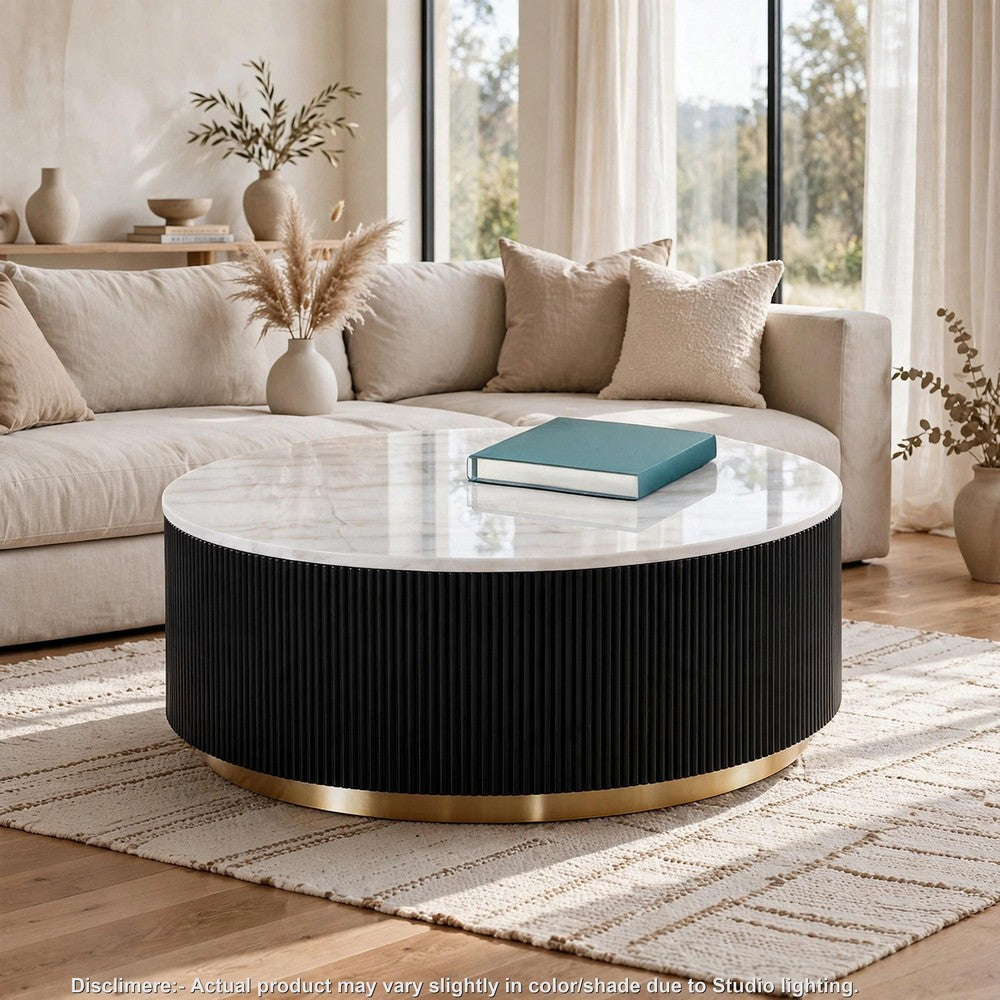 Viren Cocktail Table, Gold Accent, Marble Top, Black Reeded Base, 35 Inch-BM356316