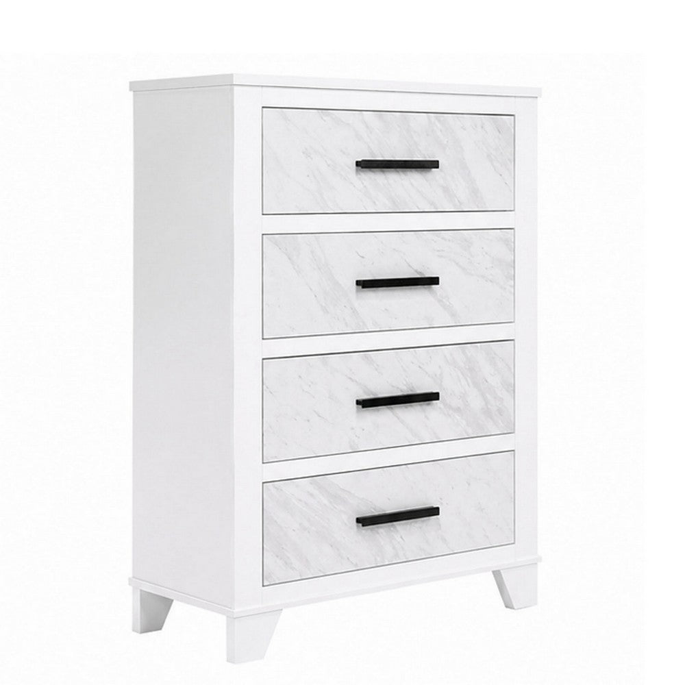 Feza Tall Dresser Chest with 4 Drawers, Faux Marble Accents, White-BM356322