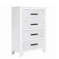 Feza Tall Dresser Chest with 4 Drawers, Faux Marble Accents, White-BM356322