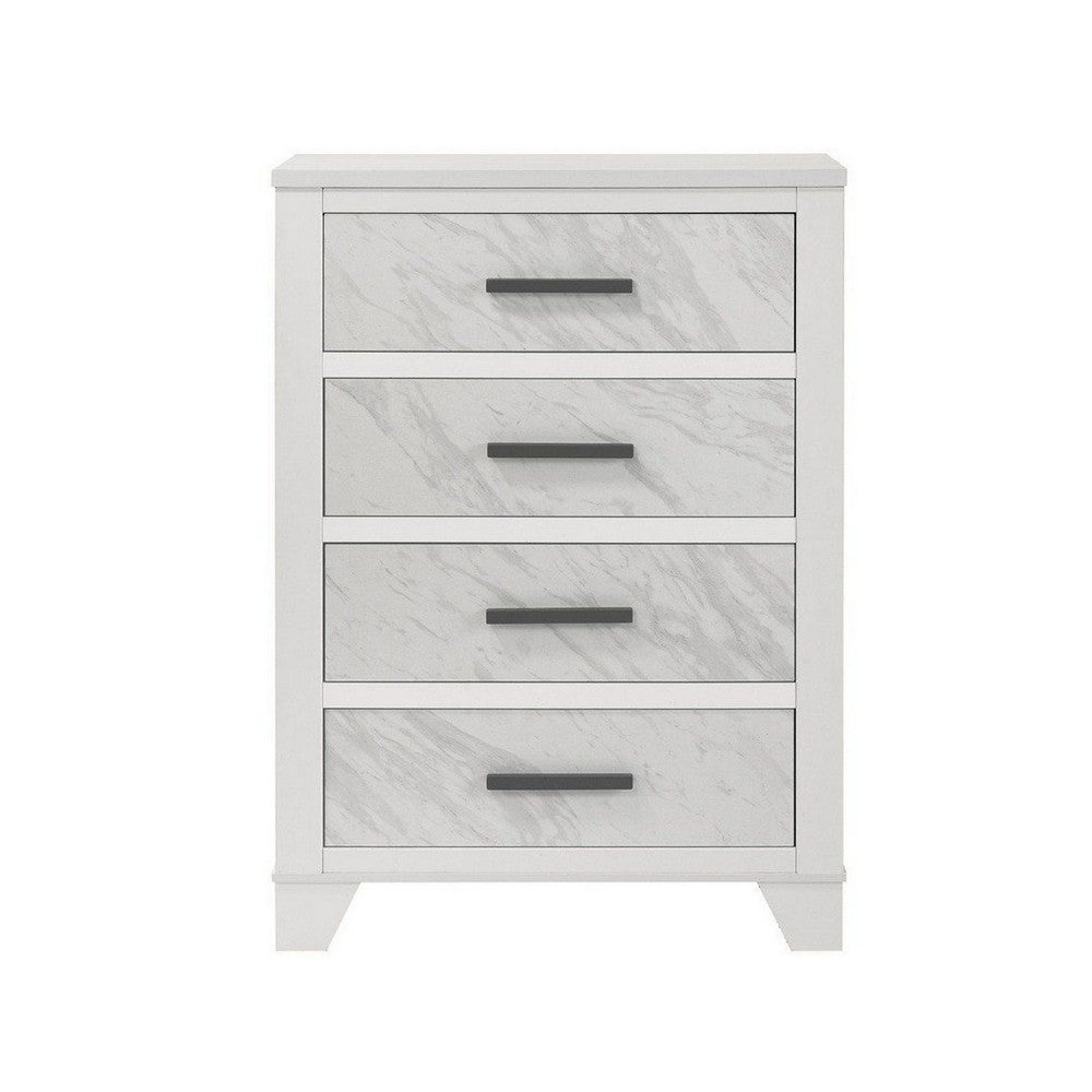 Feza Tall Dresser Chest with 4 Drawers, Faux Marble Accents, White-BM356322