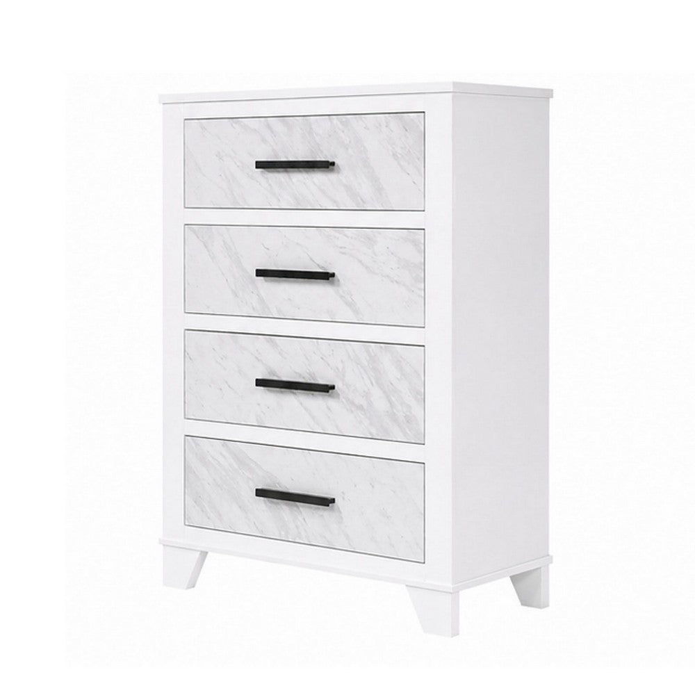 Feza Tall Dresser Chest with 4 Drawers, Faux Marble Accents, White-BM356322
