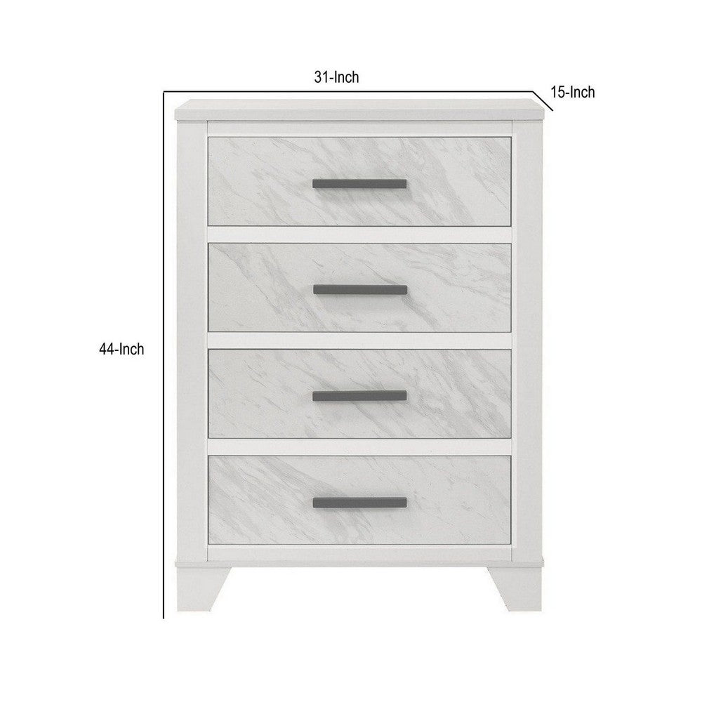 Feza Tall Dresser Chest with 4 Drawers, Faux Marble Accents, White-BM356322