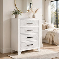 Feza Tall Dresser Chest with 4 Drawers, Faux Marble Accents, White-BM356322