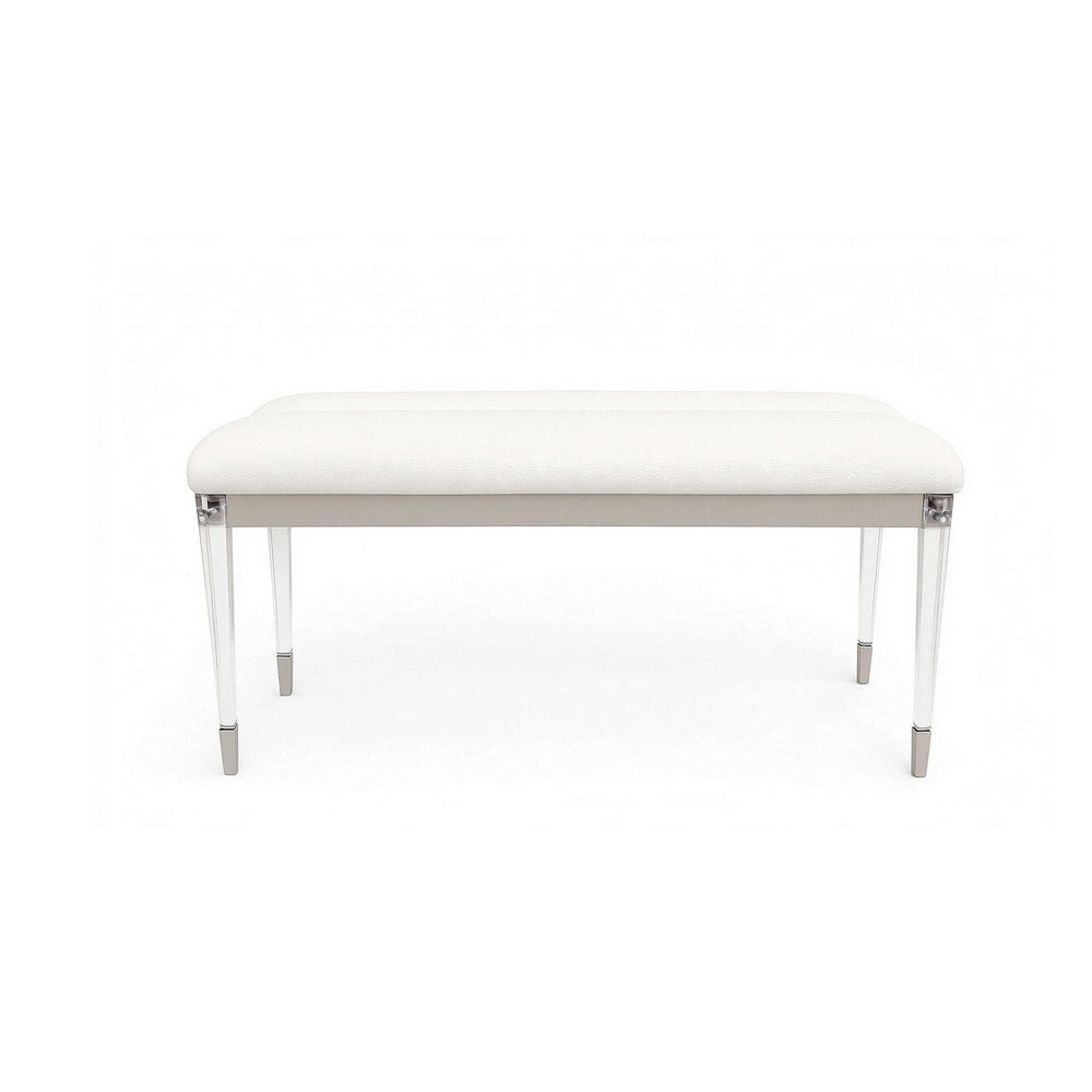Zema Modern Accent Bench with Tapered Acrylic Leg, White Fabric, 54 Inch-BM356324