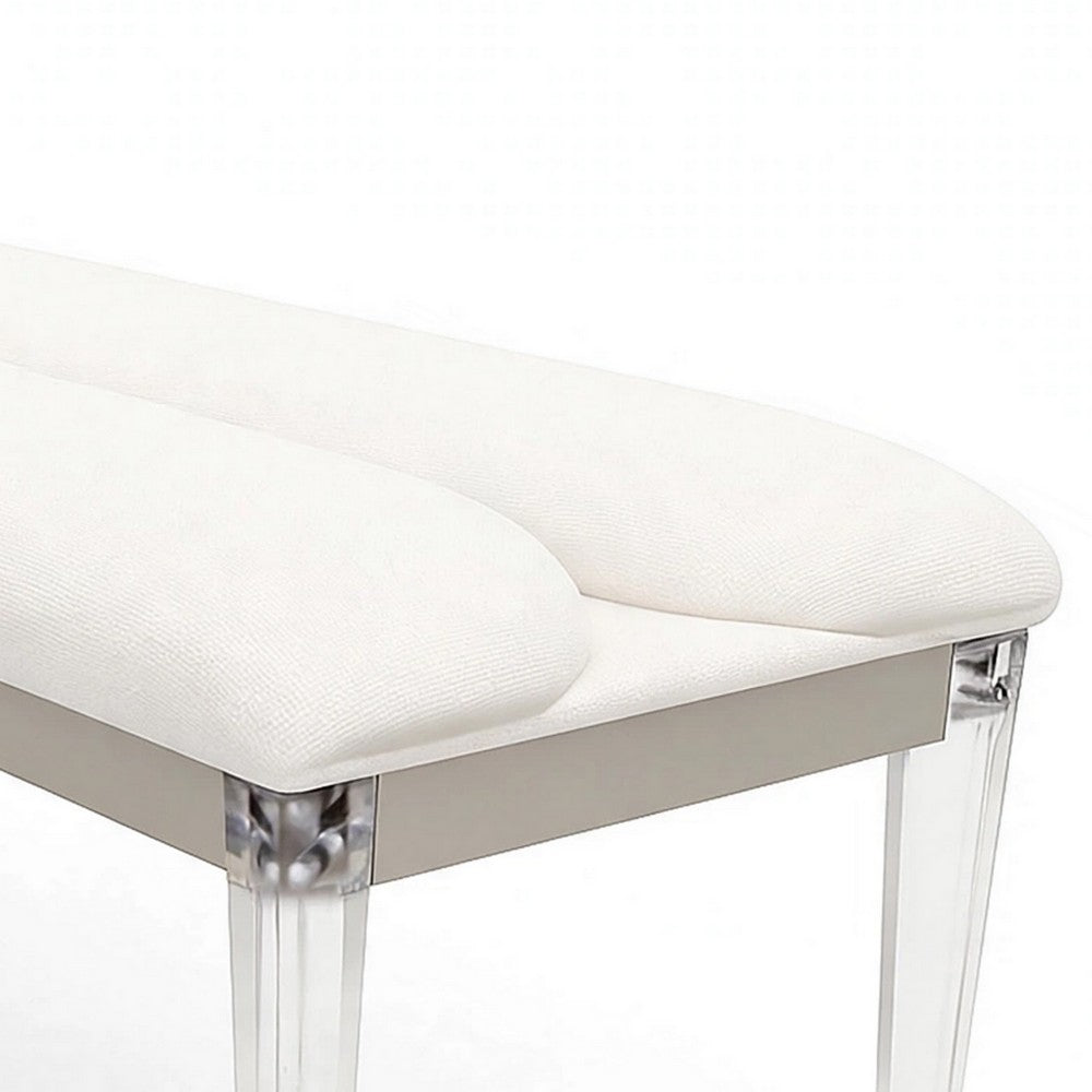Zema Modern Accent Bench with Tapered Acrylic Leg, White Fabric, 54 Inch-BM356324