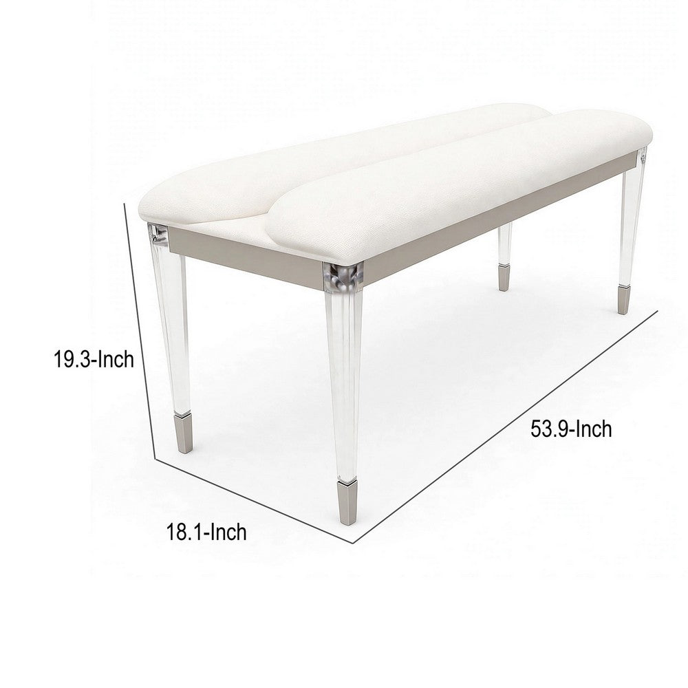 Zema Modern Accent Bench with Tapered Acrylic Leg, White Fabric, 54 Inch-BM356324