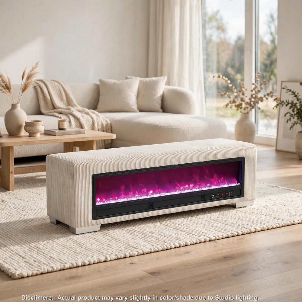 Elna Bench with Visual Crystal Fireplace , Audio and Remote Control, Beige-BM356344
