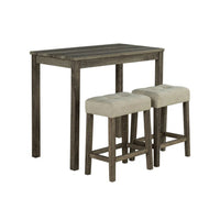 Elaya 3pc Counter Height Dining Set with Tufted Beige Stools, Brown Wood-BM356349