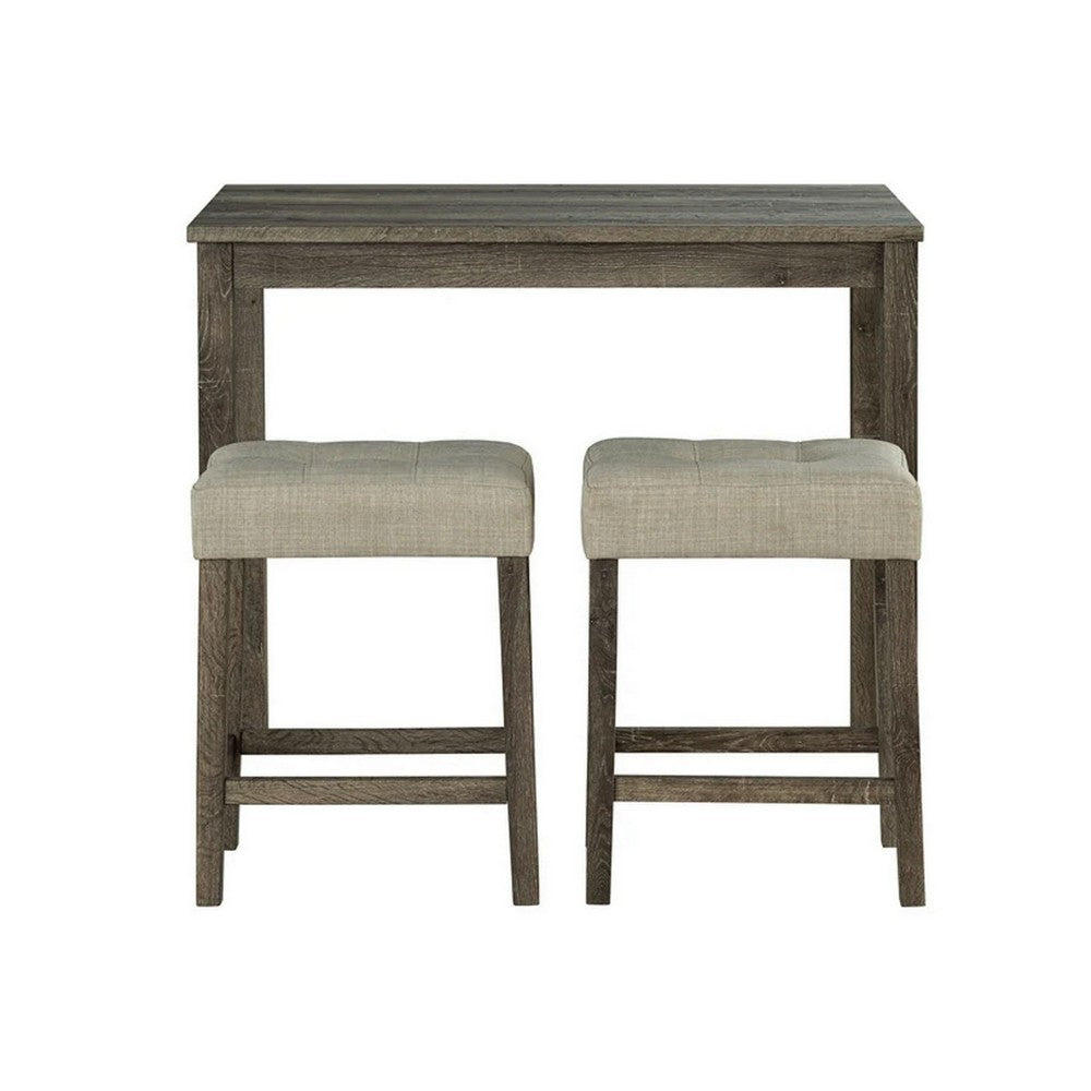 Elaya 3pc Counter Height Dining Set with Tufted Beige Stools, Brown Wood-BM356349