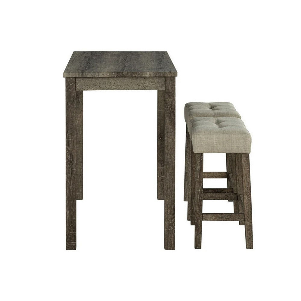 Elaya 3pc Counter Height Dining Set with Tufted Beige Stools, Brown Wood-BM356349