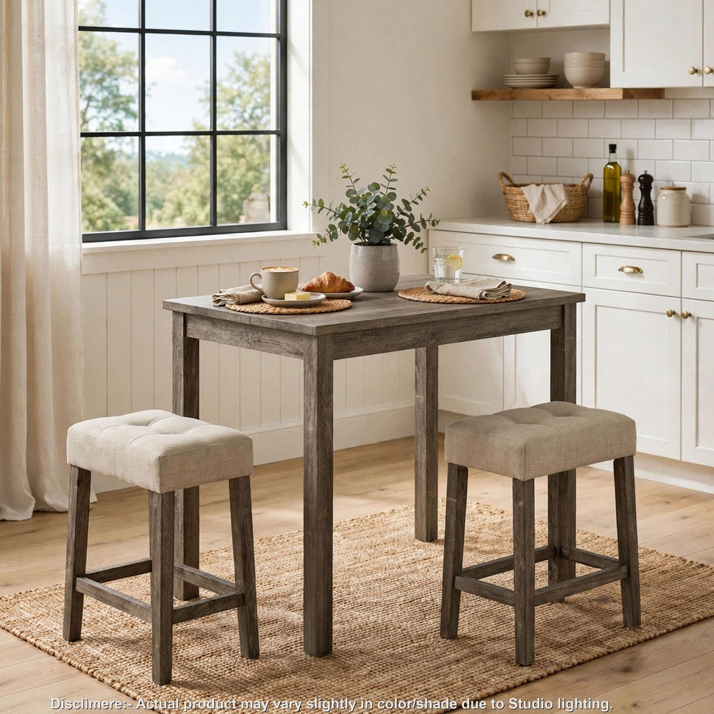 Elaya 3pc Counter Height Dining Set with Tufted Beige Stools, Brown Wood-BM356349